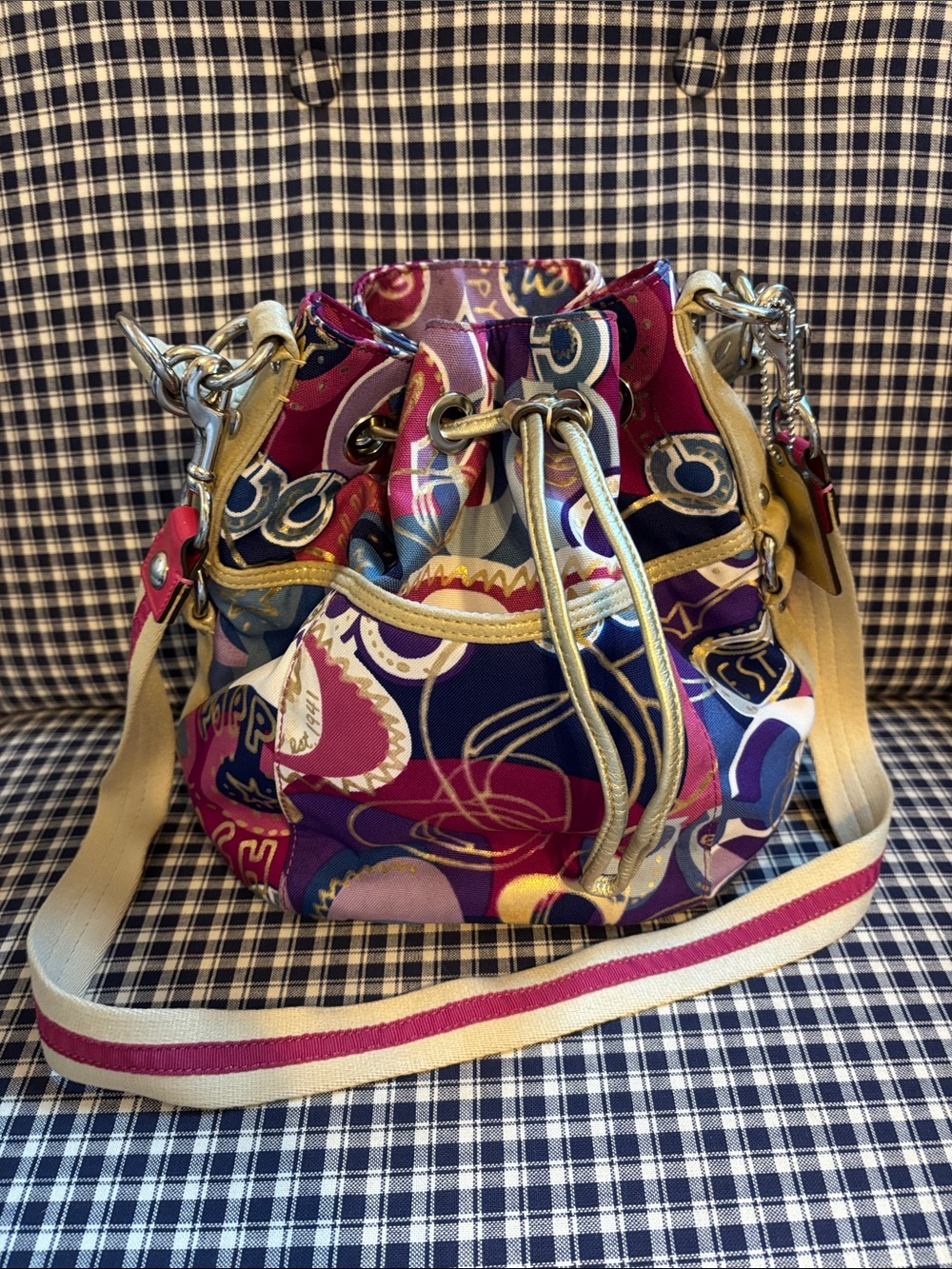 Coach poppy drawstring Multicolor  Bucket Bag - Pink & Navy